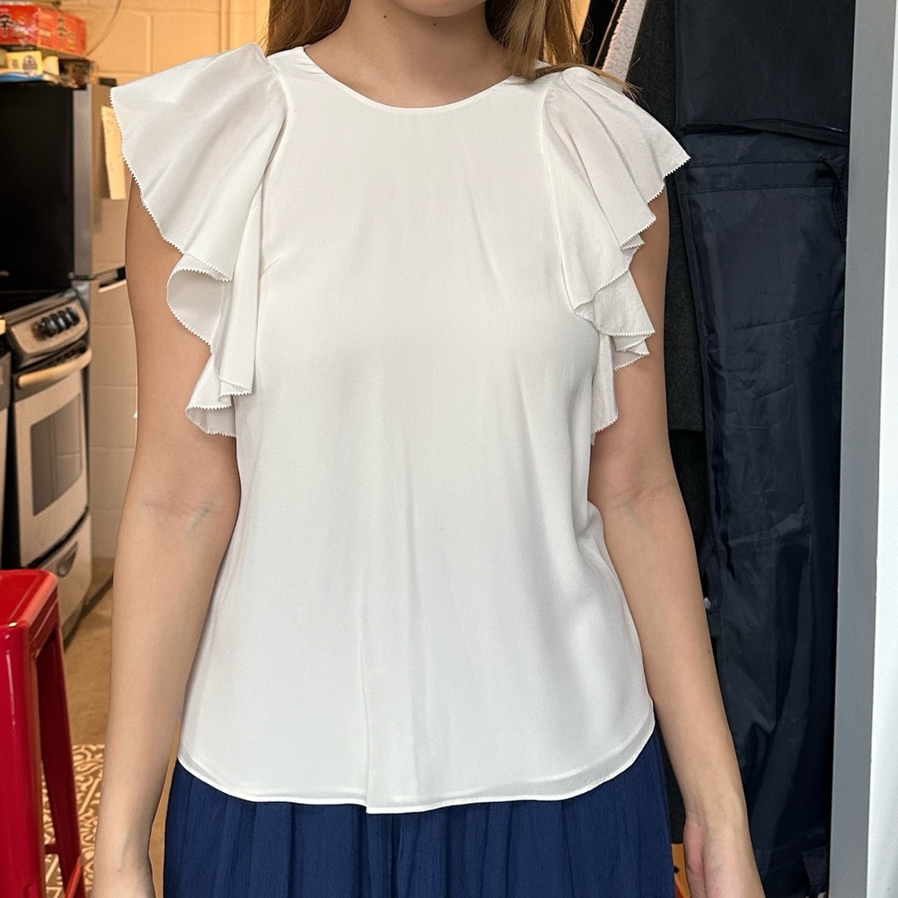 White Alexis silk butterfly ruffle sleeve blouse top
